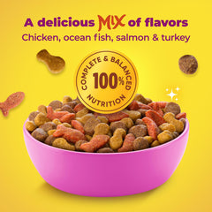 Illustration of Meow Mix protein sources showing variety and appeal