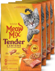 Meow Mix front packaging showing product name and four-bag bundle benefit
