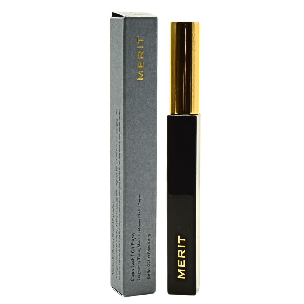 MERIT mascara front packaging showing tube and wand, highlighting clean performance