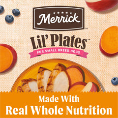 Merrick bowl of kibble being served to a small-breed dog for portion fit