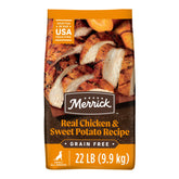 Merrick front of 22 lb bag showing real chicken and sweet potato benefits