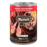 Merrick front packaging showing beef lamb bison dinner and clear ingredient benefits