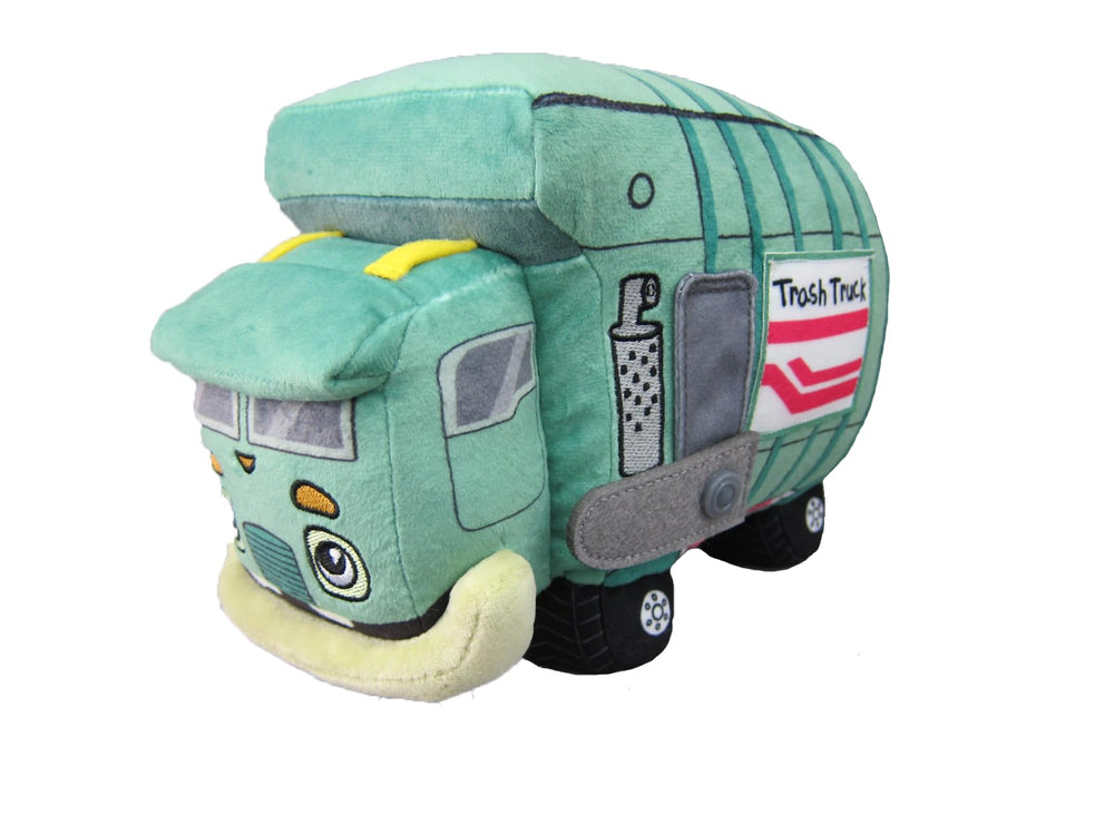 MerryMakers Trash Truck plush front view showing friendly face and soft body for cuddling