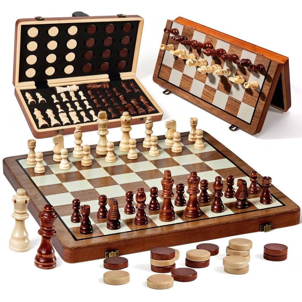 MerryPony wooden chessboard front view showing elegant inlaid finish and travel-ready design