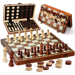 MerryPony wooden chessboard front view showing elegant inlaid finish and travel-ready design