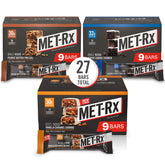 MET-Rx front packaging showing variety pack and nutrition highlights for convenience