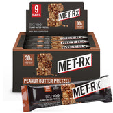 MET-Rx boxed 9-count Peanut Butter Pretzel bars showing front packaging and label benefits