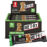 MET-Rx front box showing nine crispy apple pie protein bars, convenient meal replacement