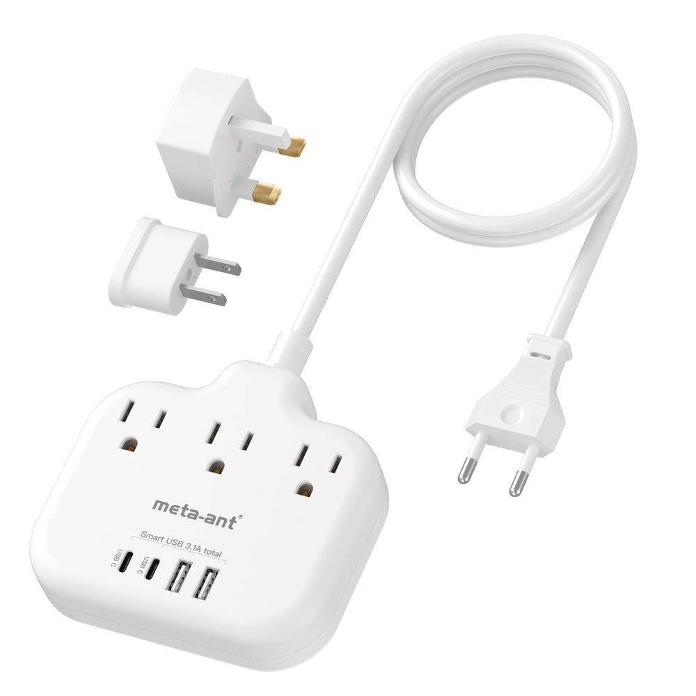 meta-ant front view of European adapter showing outlets and USB ports for easy charging