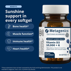Metagenics bottle open with softgels spread to show count and convenient daily supply