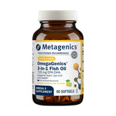 Metagenics front packaging showing OmegaGenics bottle and key benefits