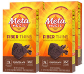 Metamucil front packaging of chocolate Fiber Thins showing servings and flavor for convenient fiber