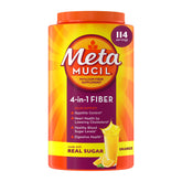 Metamucil front packaging showing orange flavor and serving count, supports fiber intake