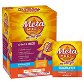 Metamucil front packaging showing on-the-go orange packets, easy portability
