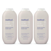 Method front packaging showing three nourishing body wash bottles and value pack benefit