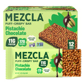 Mezcla front packaging showing pistachio chocolate bars and benefits