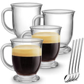 Mfacoy front view of four clear glass mugs showing capacity and style benefit