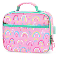 mibasies front view pink rainbow lunch box shows cheerful design and portability