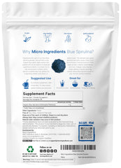Close-up texture of Micro Ingredients blue spirulina powder demonstrating fine, luminous blue granules for mixing