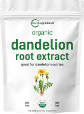Micro Ingredients front pouch showing organic dandelion root powder and resealable bag for long storage