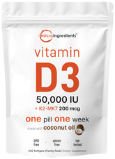 Micro Ingredients front packaging showing D3 50,000 IU K2 200 mcg and family-size benefit