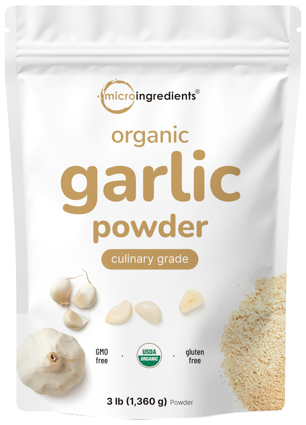 Micro Ingredients garlic powder front pouch showing packaging and bulk size benefit