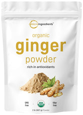 Micro Ingredients front pouch showing 2 lb organic ginger powder, convenient bulk supply