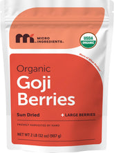 Micro Ingredients front pouch of organic goji berries showing packaging and weight