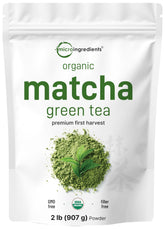 Micro Ingredients front packaging showing organic matcha and clear labeling benefit