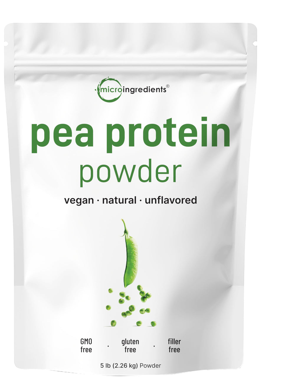 Micro Ingredients front packaging of 5 lb pea protein, convenient bulk supply
