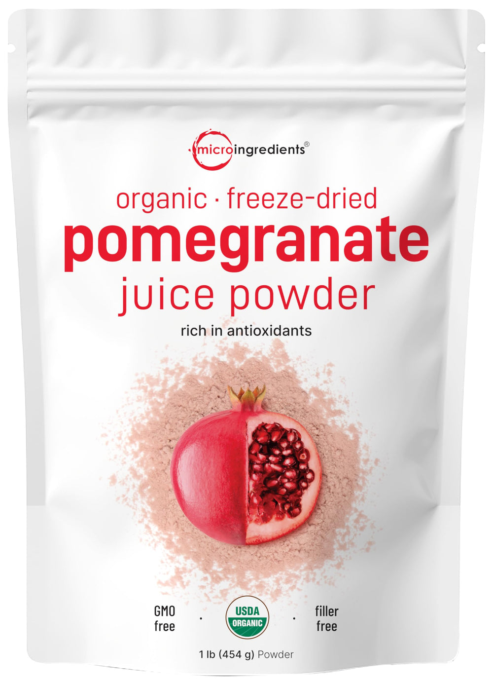 Micro Ingredients front packaging showing organic pomegranate powder and benefits