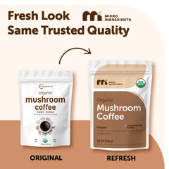 Micro Ingredients pouch opened revealing instant coffee and mushroom powder mix