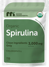 Micro Ingredients front bottle view showing organic spirulina tablets and benefits