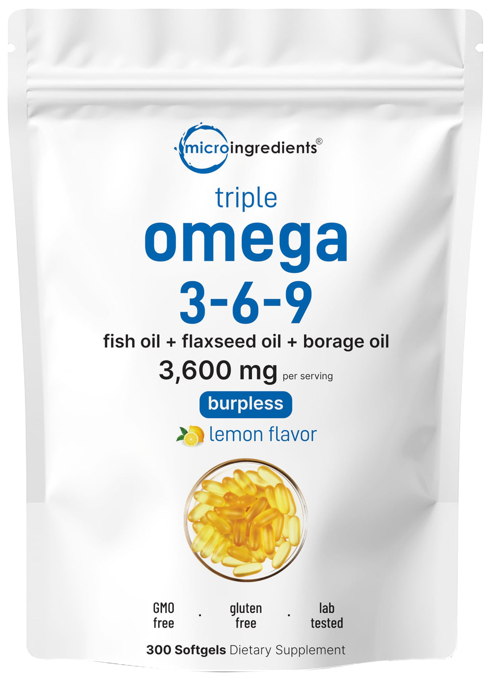 Micro Ingredients front packaging showing 300-count pouch and lemon flavor benefits