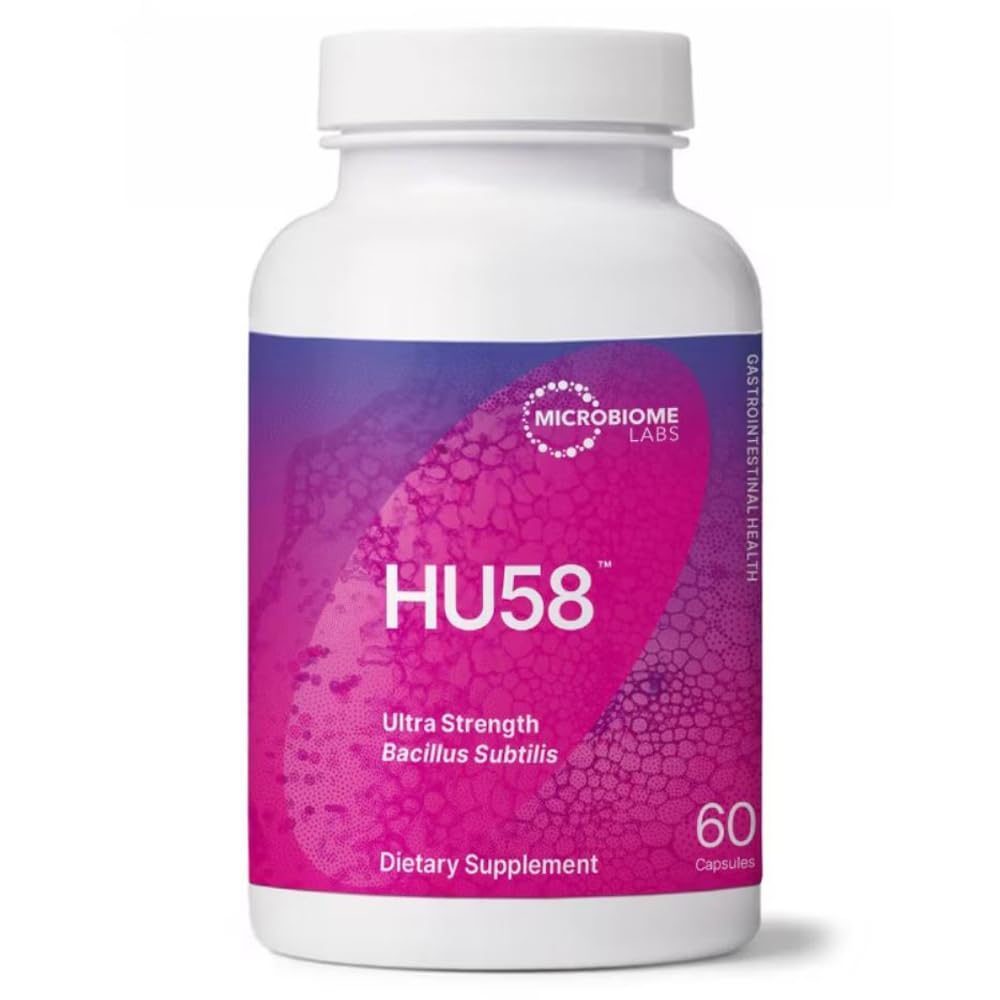 Microbiome Labs HU58 front bottle view showing label and supplement benefits