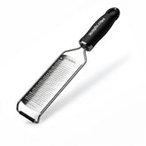 Microplane Gourmet Series front view showing black handle and stainless blade, neat storage benefit