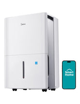 Midea dehumidifier front view showing sleek design and portable benefit