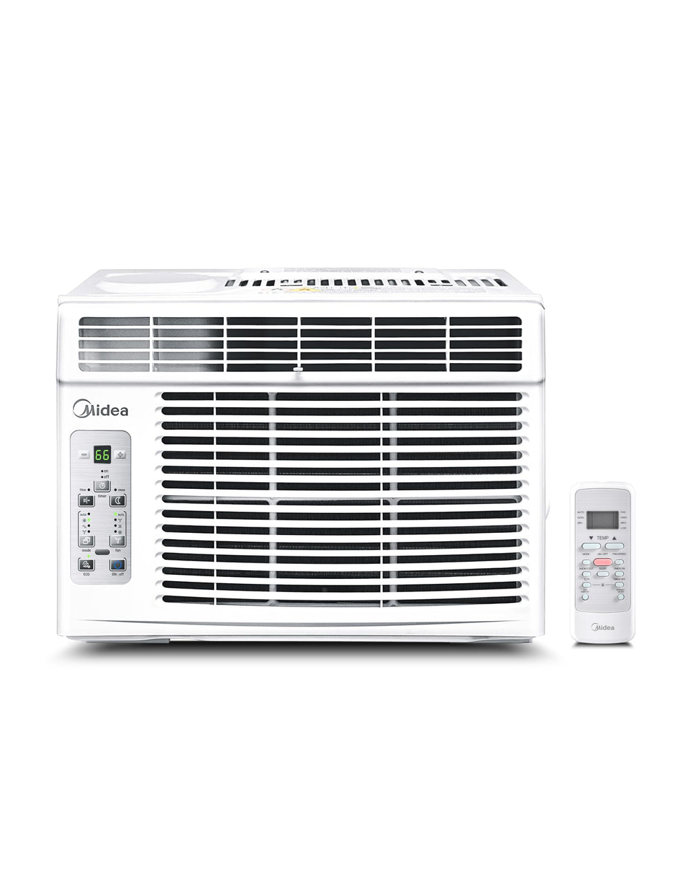 Midea front panel view showing vents and clean modern design, promotes efficient cooling