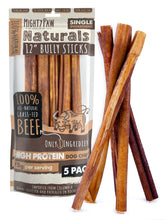 Mighty Paw front packaging showing 12" bully sticks and benefits
