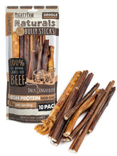 Mighty Paw front pack showing 10-count bully sticks and clear labeling benefit freshness