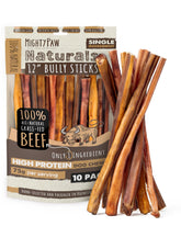 Mighty Paw front packaging showing 12-inch bully sticks and benefits