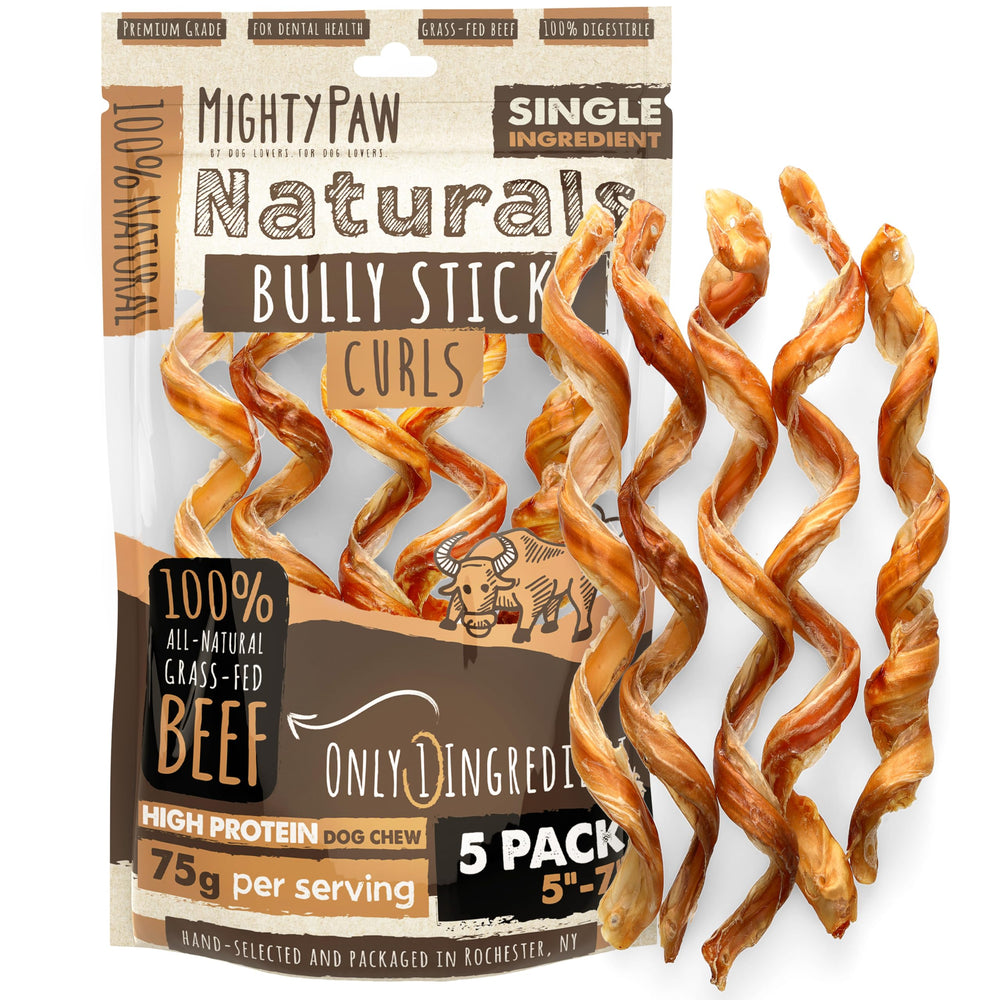 Mighty Paw front packaging showing 5-count curly bully sticks, natural sourcing benefit