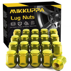 MIKKUPPA gold lug nuts front packaging showing full 20-piece set and branding benefit durable finish