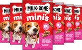 Milk-Bone front packaging showing six-box set and serving details, convenient storage benefit