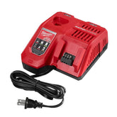 Milwaukee front view compact charger showing dual-bay design and brand for faster charging