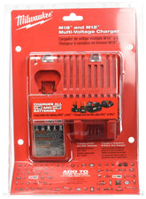 Milwaukee front view dual charger showing both M12 and M18 slots and quick charging benefit