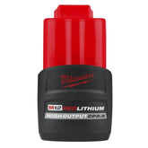Milwaukee M12 battery front view showing compact design and quick swap benefit