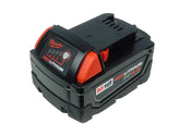 Milwaukee M18 battery front packaging showing model and durable design benefit