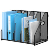 MINDEPOT front view of desk file organizer showing five vertical slots and neat storage benefit