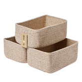 MiniArk front view of three brown woven baskets showing clean shelf storage and neatness